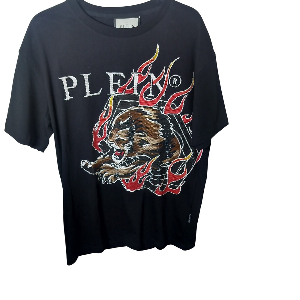 Philipp Plein Blac Rhinestone Tiger Flame LogoT-Shirt Mens XL Crystl Embellished